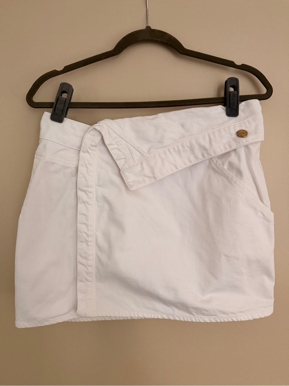 Jacquemus White Denim fold over mini skirt with gold buttons
